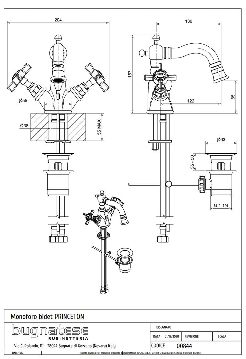 Technical Drawing for Bugnatese, Princeton, Bidet csaptelep leeresztővel –  Fürdő – 844