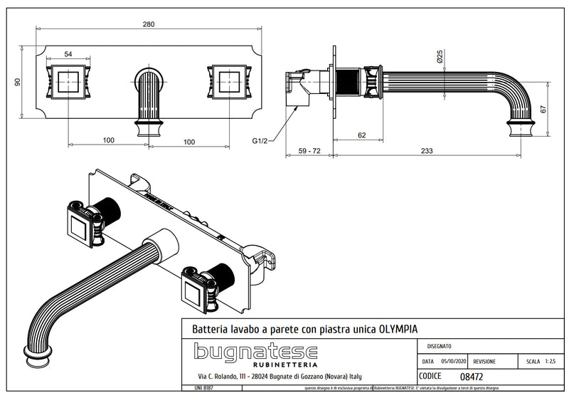Technical Drawing for Bugnatese, Olympia, Klasszikus, Fal alatti mosdócsaptelep beépítő egységgel – Fürdő – 8472