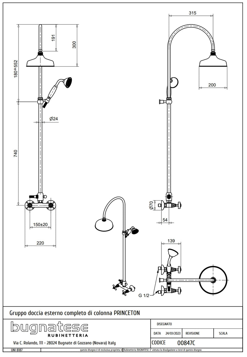 Technical Drawing for Bugnatese, Princeton, Esőztető rendszer fej- és kézizuhannyal– Fürdő – 847C
