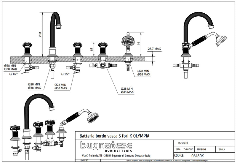 Technical Drawing for Bugnatese, Peremre szerelt 5 üléses kádcsaptelep, kristálykarral – Fürdő – 8480K
