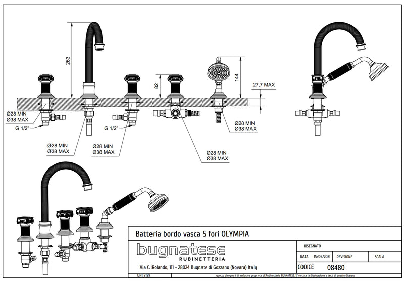 Technical Drawing for Bugnatese, Olympia, Peremre szerelt 5 üléses kádcsaptelep – Fürdő – 8480