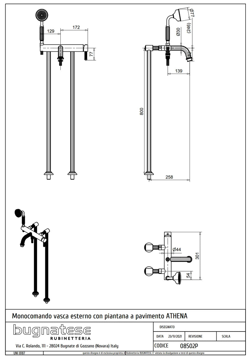Technical Drawing for Bugnatese, Szabadonálló kádcsaptelep – Fürdő – 8502P