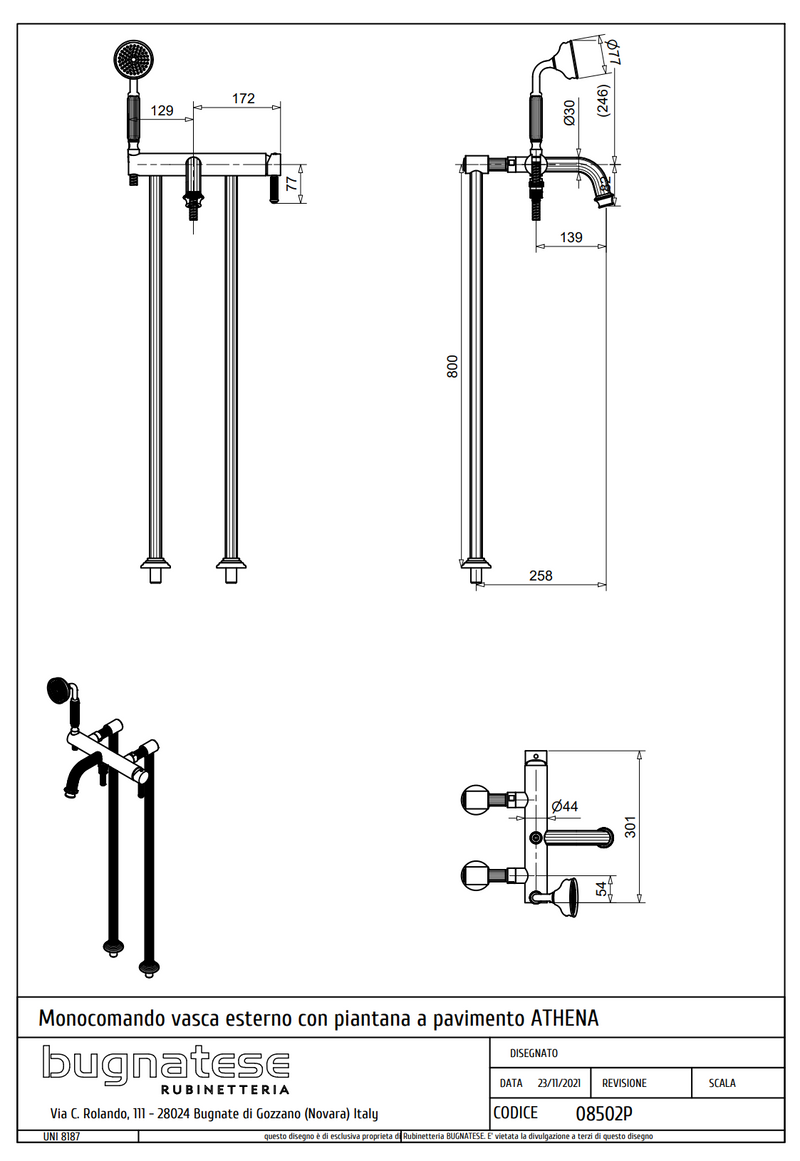 Technical Drawing for Bugnatese, Szabadonálló kádcsaptelep – Fürdő – 8502P