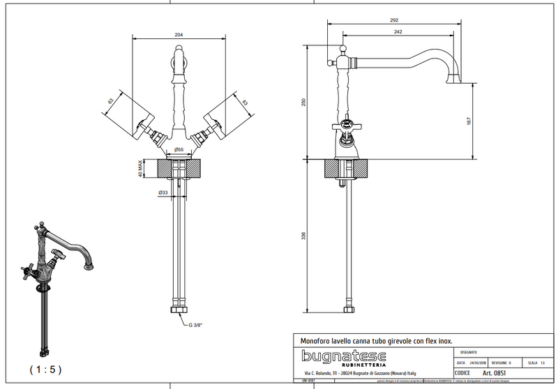 Technical Drawing for Bugnatese, Princeton, Klasszikus, Álló konyhai csaptelep leeresztővel – Konyha – 851