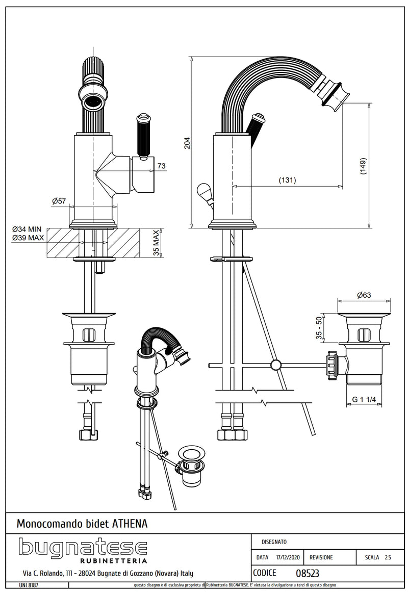 Technical Drawing for Bugnatese, Athena, Bidé csaptelep leeresztővel – Fürdő – 8523