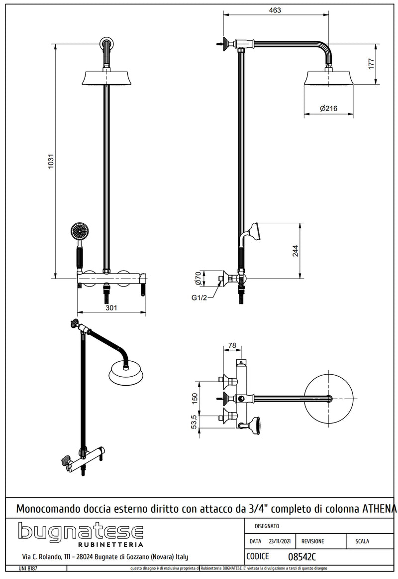 Technical Drawing for Bugnatese, Athena, Esőztető rendszer fej- és kézizuhannyal – Fürdő – 8542C