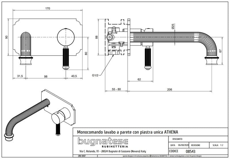 Technical Drawing for Bugnatese, Athena, Klasszikus, Fal alatti mosdócsaptelep beépítő egységgel – Fürdő – 8543
