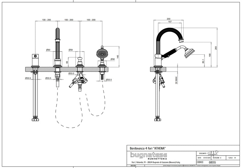 Technical Drawing for Bugnatese, Athena, Peremre szerelt 4 üléses kádcsaptelep – Fürdő – 8555