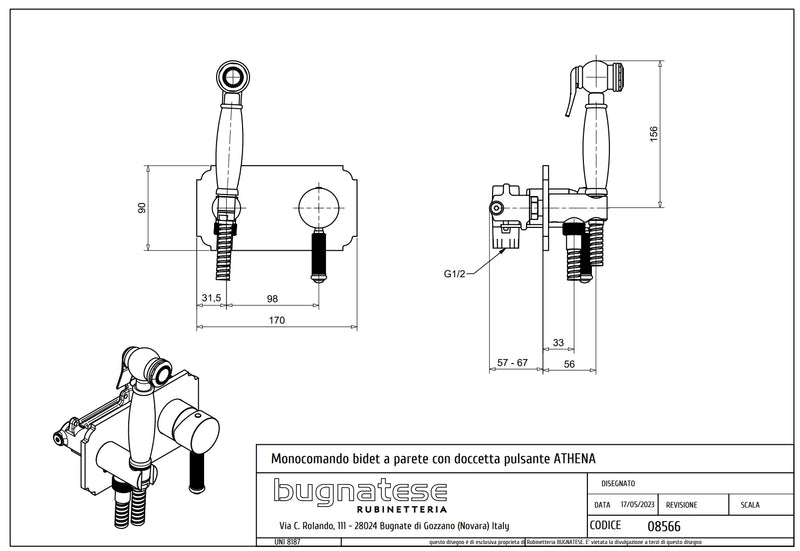 Technical Drawing for Bugnatese, Athena, Fali bidé csaptelep zuhanyszettel – Fürdő – 8566