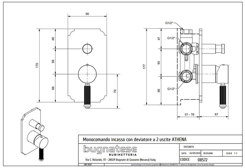 Technical Drawing for Bugnatese, Athena, Fal alatti váltós zuhanycsaptelep – Fürdő – 8572