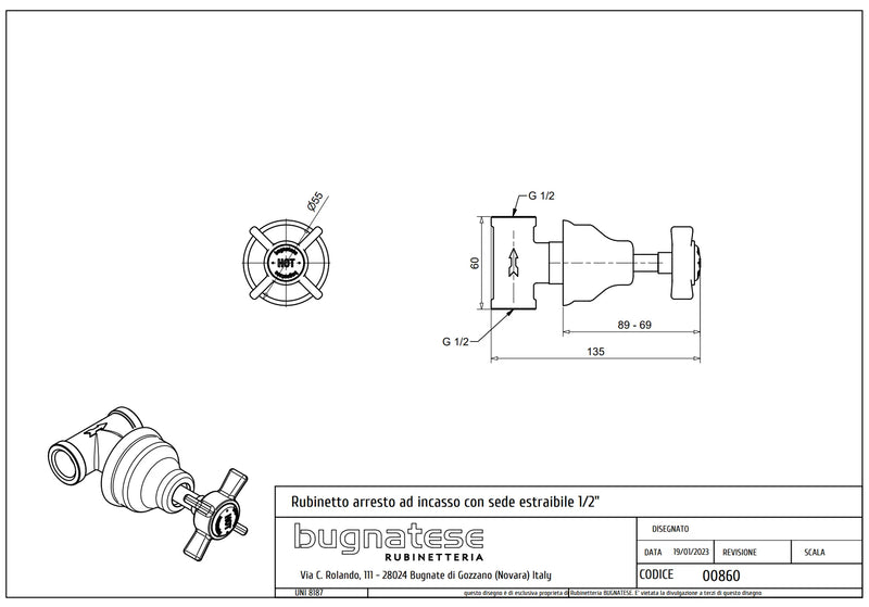 Technical Drawing for Bugnatese, Princeton,  Csempeszelep 1/2″ csatlakozással – Fürdő – 860
