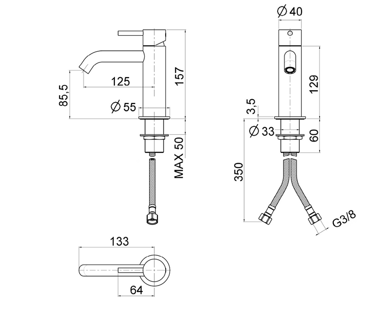 Technical Drawing for Bugnatese, Kirvy Steel ,Mosdó csaptelep leeresztő nélkül szálcsiszolt acél színben– Fürdő – 9013SAC