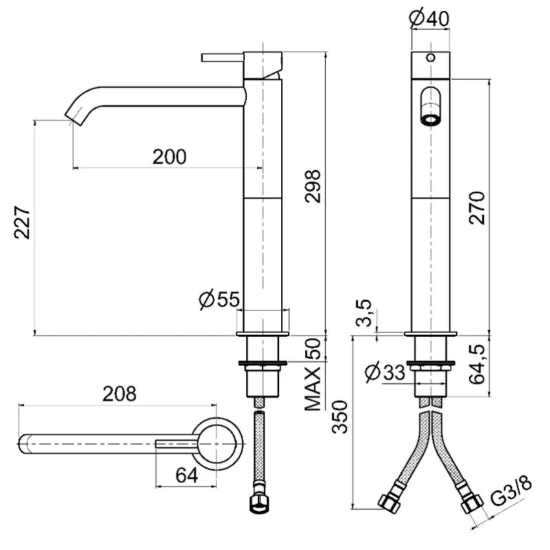 Technical Drawing for Bugnatese, Kirvy Steel ,Magasított mosdócsaptelep leeresztő nélkül szálcsiszolt acél színben– Fürdő – 9017SAC