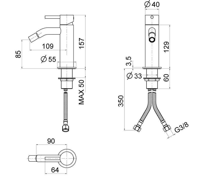 Technical Drawing for Bugnatese, Kirvy Steel ,Bidet csaptelep leeresztő nélkül szálcsiszolt acél színben– Fürdő – 9023SAC