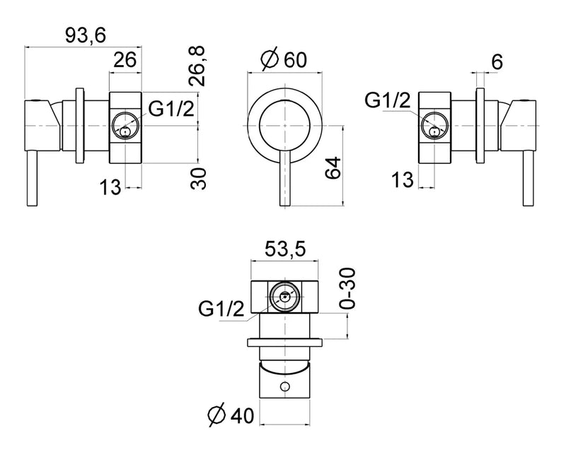 Technical Drawing for Bugnatese, Kirvy Steel ,Fal alatti zuhanycsaptelep szálcsiszolt acél színben– Fürdő – 9030AC