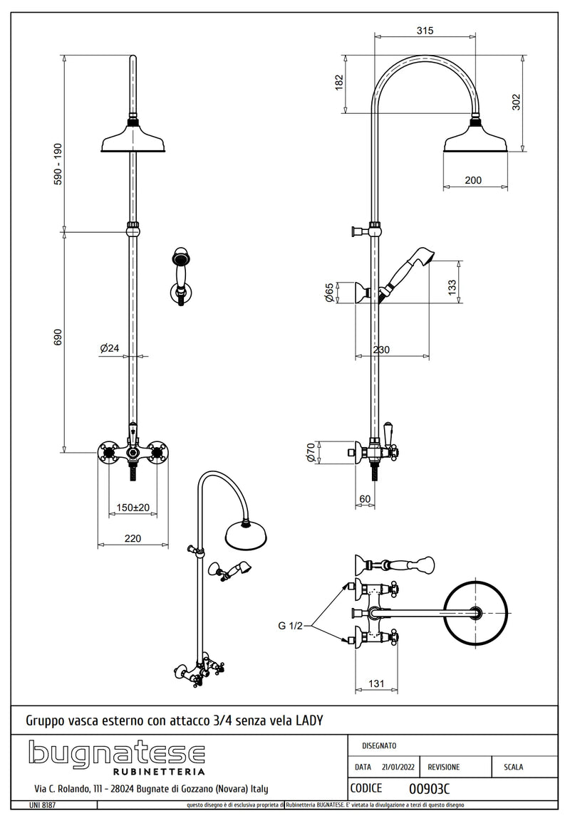 Technical Drawing for Bugnatese, Lady, Esőztető rendszer fej- és kézizuhannyal – Fürdő – 903C