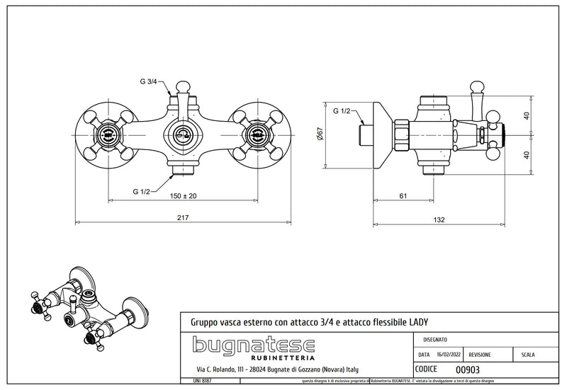 Technical Drawing for Bugnatese, Lady, Kádcsaptelep test 3/4-es csatlakozással és 1/2-es csatlakozással – Fürdő – 903