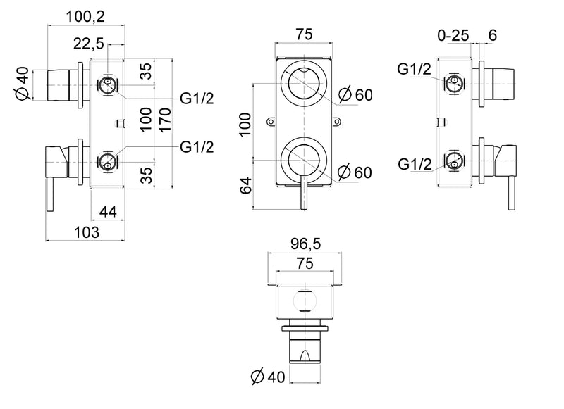 Technical Drawing for Bugnatese, Kirvy Steel ,Fal alatti váltós zuhanycsaptelep szálcsiszolt acél színben– Fürdő – 9072AC