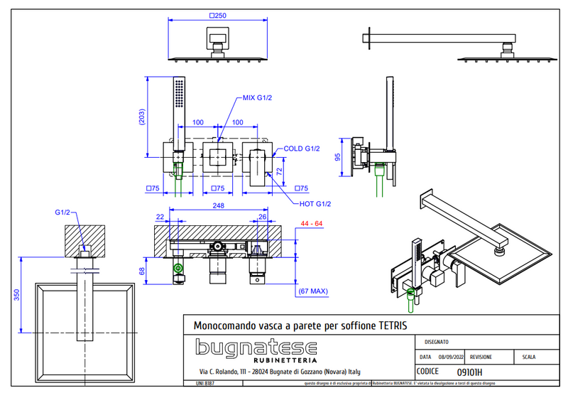 Technical Drawing for Bugnatese, Tetris fal alatti zuhanycsaptelep kézizuhannyal és esőztetőfejjel - Fürdő - 9101H