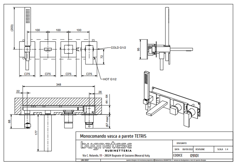 Technical Drawing for Bugnatese, Tetris fal alatti kádcsaptelep kézi zuhannyal - Fürdő - 9101