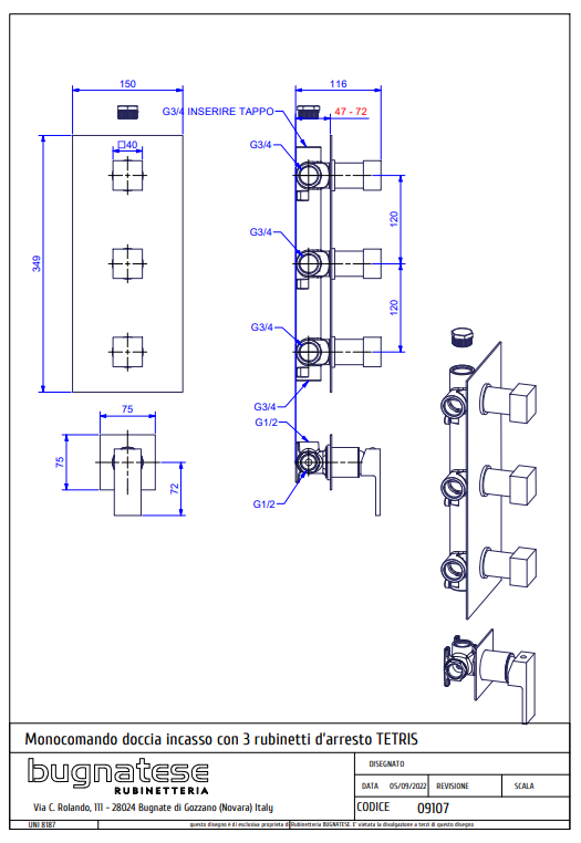 Technical Drawing for Bugnatese, TETRIS Fal alatti 3 állású csaptelep csempeszeleppel- Fürdő - 9107