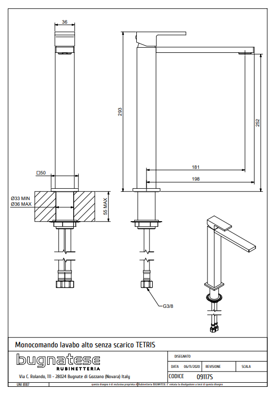 Technical Drawing for Bugnatese - Magasított mosdó csaptelep leeresztő nélkül - Fürdő 9117S