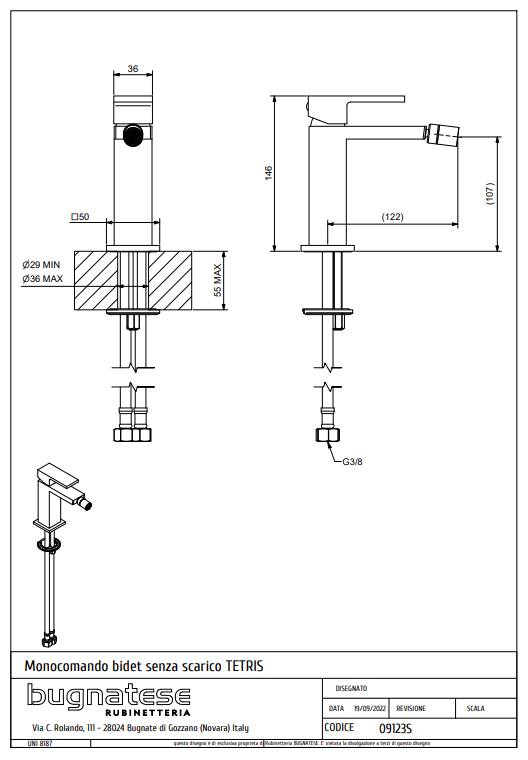 Technical Drawing for Bugnatese , Bide csaptelep leeresztő nélkül - Fürdő - 9123SC