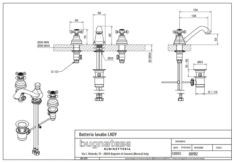 Technical Drawing for Bugnatese, Lady,  Álló 3 üléses mosdócsaptelep leeresztővel – Fürdő – 912