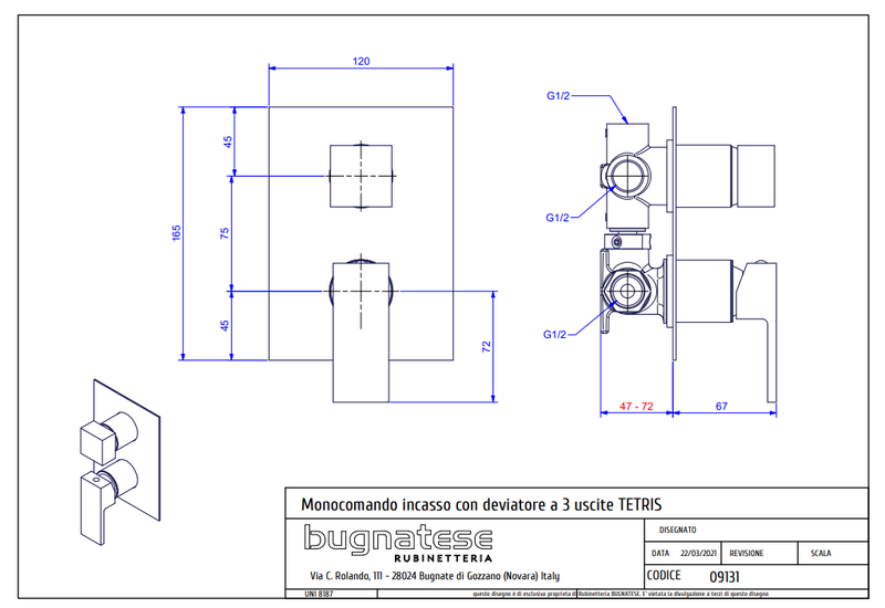 Technical Drawing for Bugnatese, TETRIS Fal alatti 3 állású zuhanycsaptelep - Fürdő - 9131