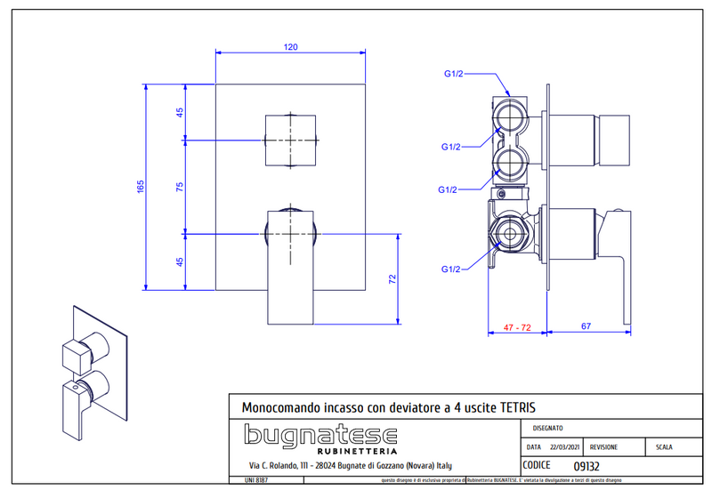 Technical Drawing for Bugnatese, TETRIS Fal alatti 4 állású zuhanycsaptelep - Fürdő - 9132