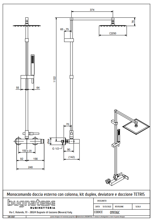 Technical Drawing for Bugnatese, TETRIS Esőztető rendszer fej- és kézizuhannyal - Fürdő - 9136C
