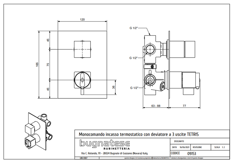 Technical Drawing for Bugnatese, TETRIS Termosztátos fal alatti váltós zuhanycsaptelep - Fürdő - 9153