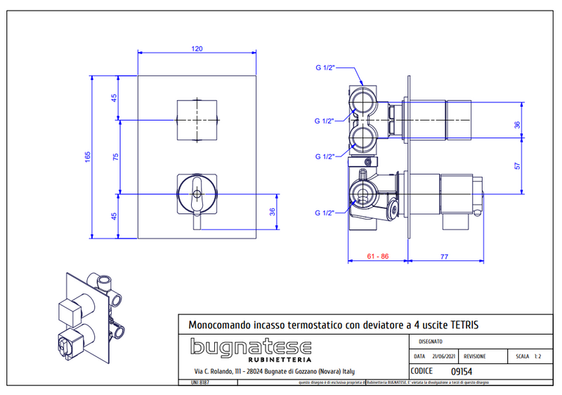 Technical Drawing for Bugnatese, TETRIS Termosztátos fal alatti 4 állású zuhanycsaptelep - Fürdő - 9154