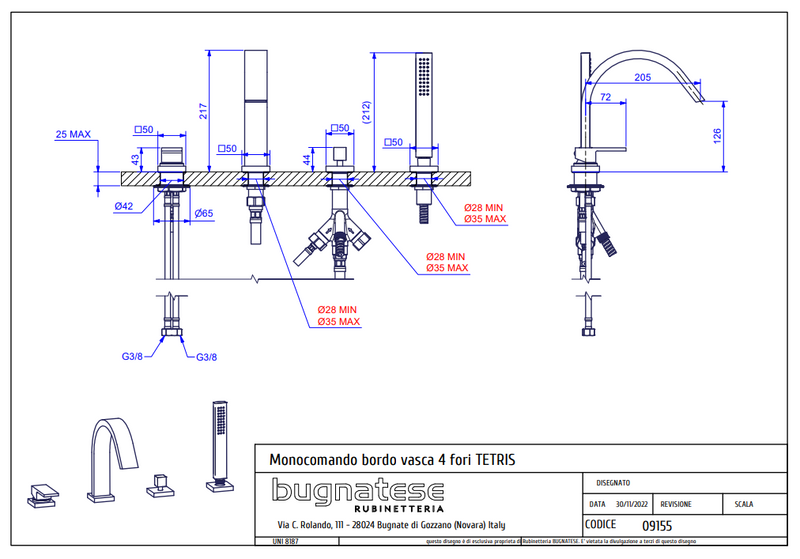 Technical Drawing for Bugnatese, Peremre szerelhető 4 üléses kádcsaptelep - Fürdő - 9155