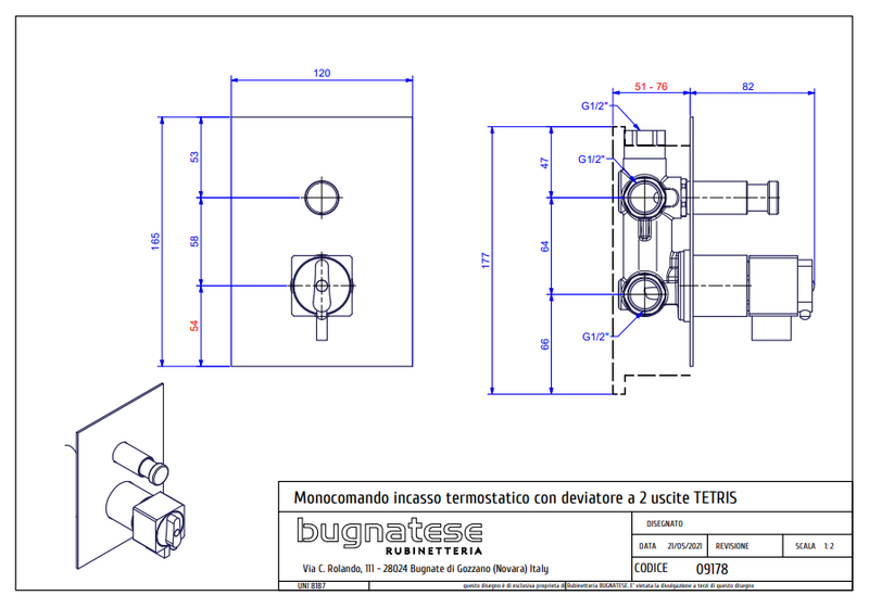 Technical Drawing for Bugnatese, TETRIS Termosztátos fal alatti váltós zuhanycsaptelep - Fürdő - 9178