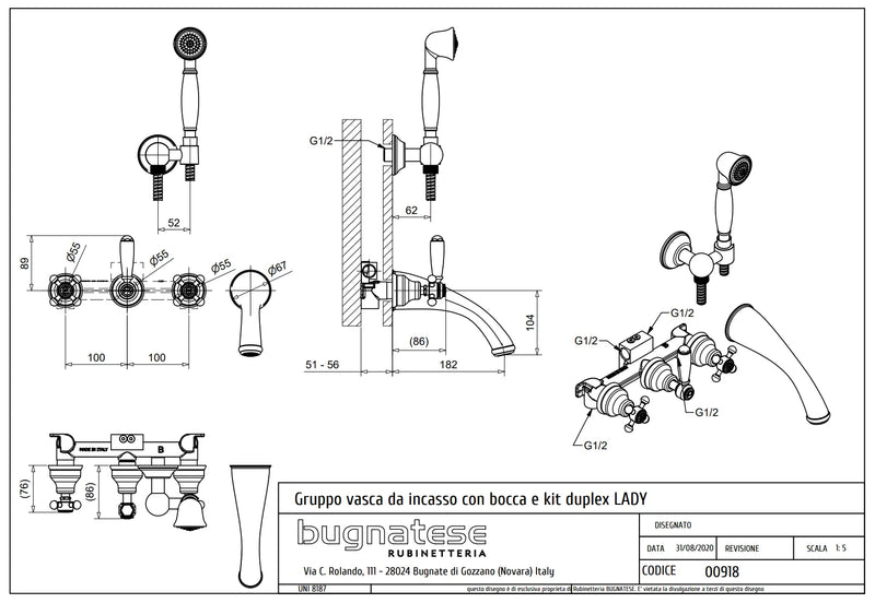Technical Drawing for Bugnatese, Lady, Fal alatti váltós csaptelep kifolyóval, zuhanyszettel – Fürdő – 918
