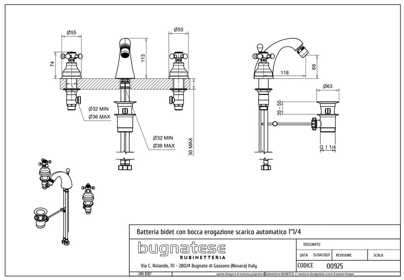 Technical Drawing for Bugnatese, Lady, álló 3 üléses bidet csaptelep kifolyóval – Fürdő – 925