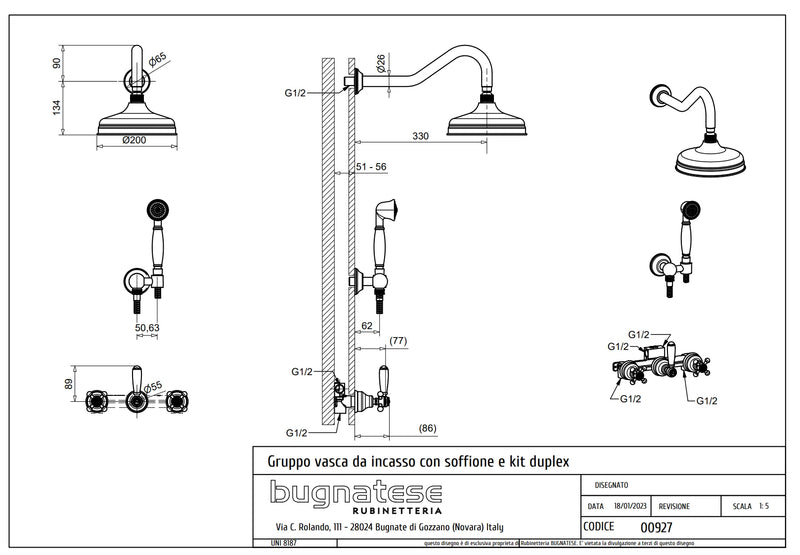 Technical Drawing for Bugnatese, Lady, Fal alatti váltós zuhany csaptelep esőztetőfejjel és zuhanyszettel – Fürdő – 927