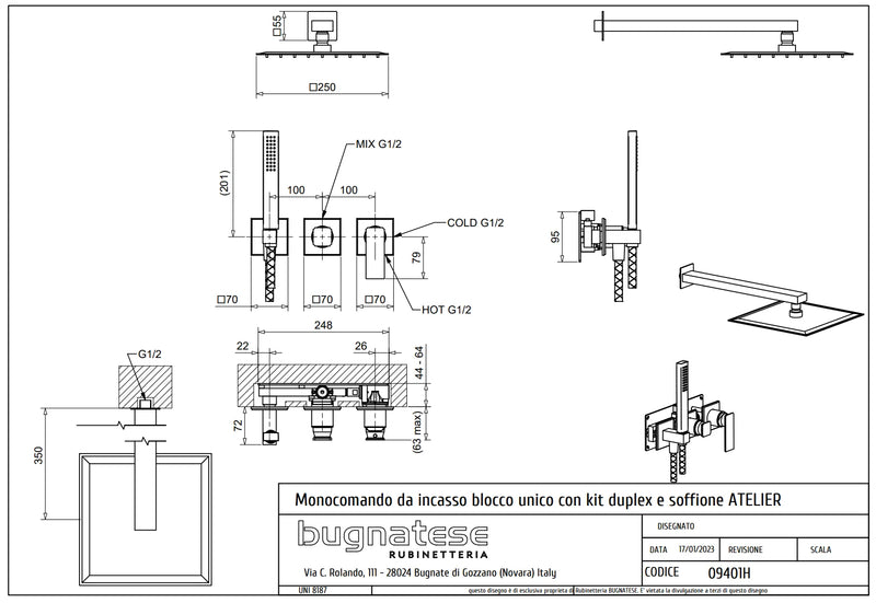Technical Drawing for Bugnatese, Atelier , Fal alatti zuhanycsaptelep kézizuhannyal és esőztetőfejjel – Fürdő – 9401H