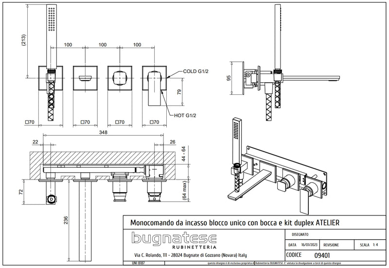 Technical Drawing for Bugnatese, Atelier , Fal alatti kádcsaptelep kézizuhannyal – Fürdő – 9401