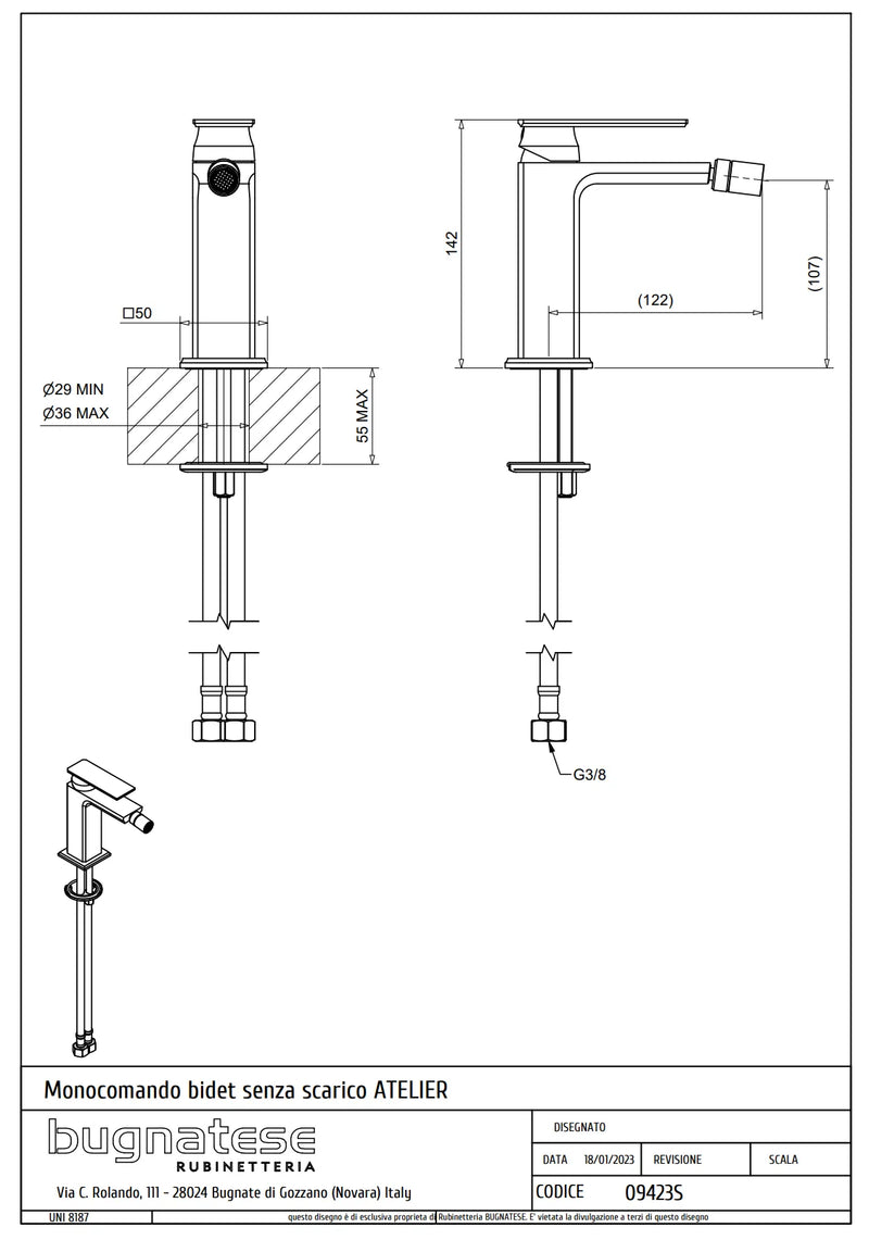 Technical Drawing for Bugnatese, Atelier , Bidet csaptelep leeresztő nélkül – Fürdő – 9423S