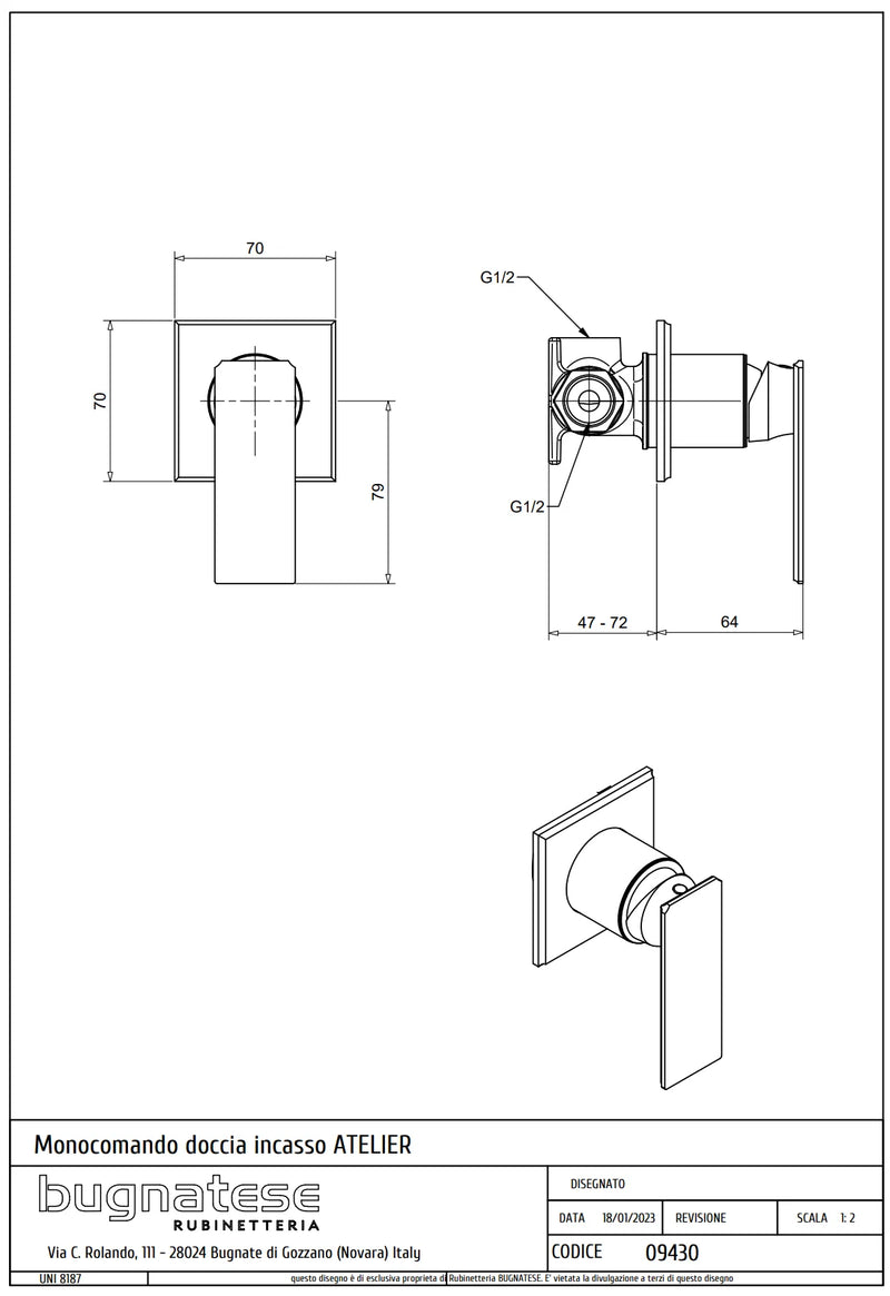 Technical Drawing for Bugnatese, Atelier ,  Fal alatti zuhanycsaptelep – Fürdő – 9430