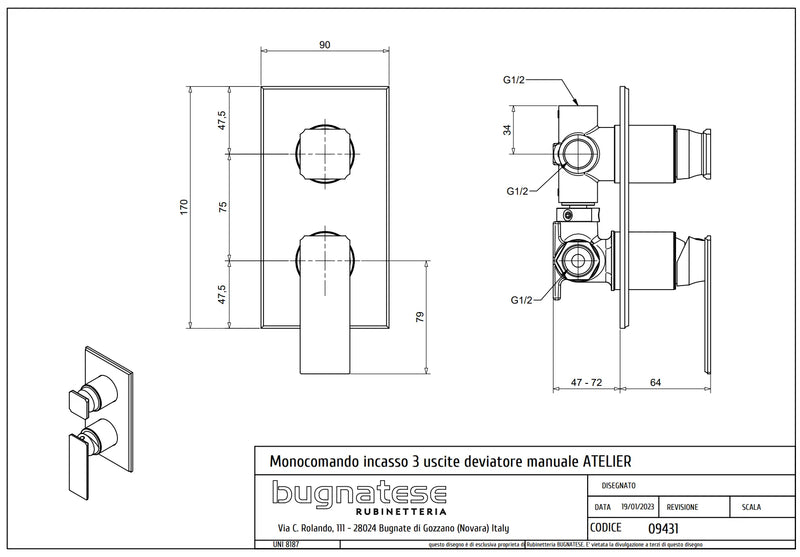 Technical Drawing for Bugnatese, Atelier ,  Fal alatti 3 állású zuhanycsaptelep – Fürdő – 9431