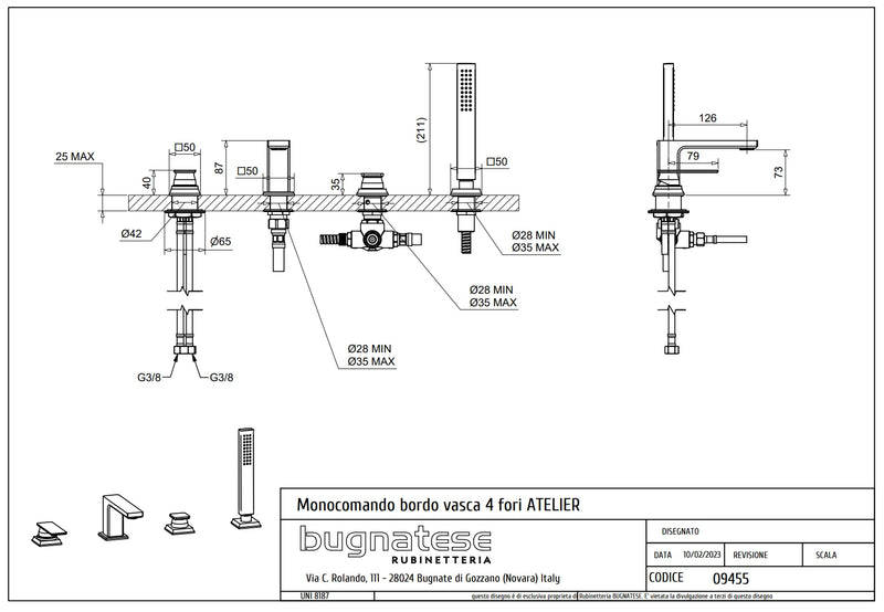 Technical Drawing for Bugnatese, Atelier , Peremre szerelhető 4 üléses kádcsaptelep – Fürdő – 9455