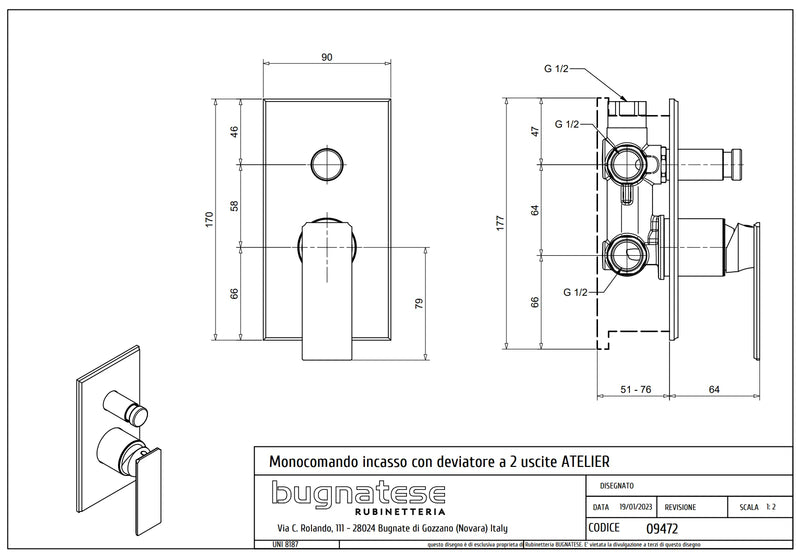 Technical Drawing for Bugnatese, Atelier ,  Fal alatti váltós zuhanycsaptelep – Fürdő – 9472