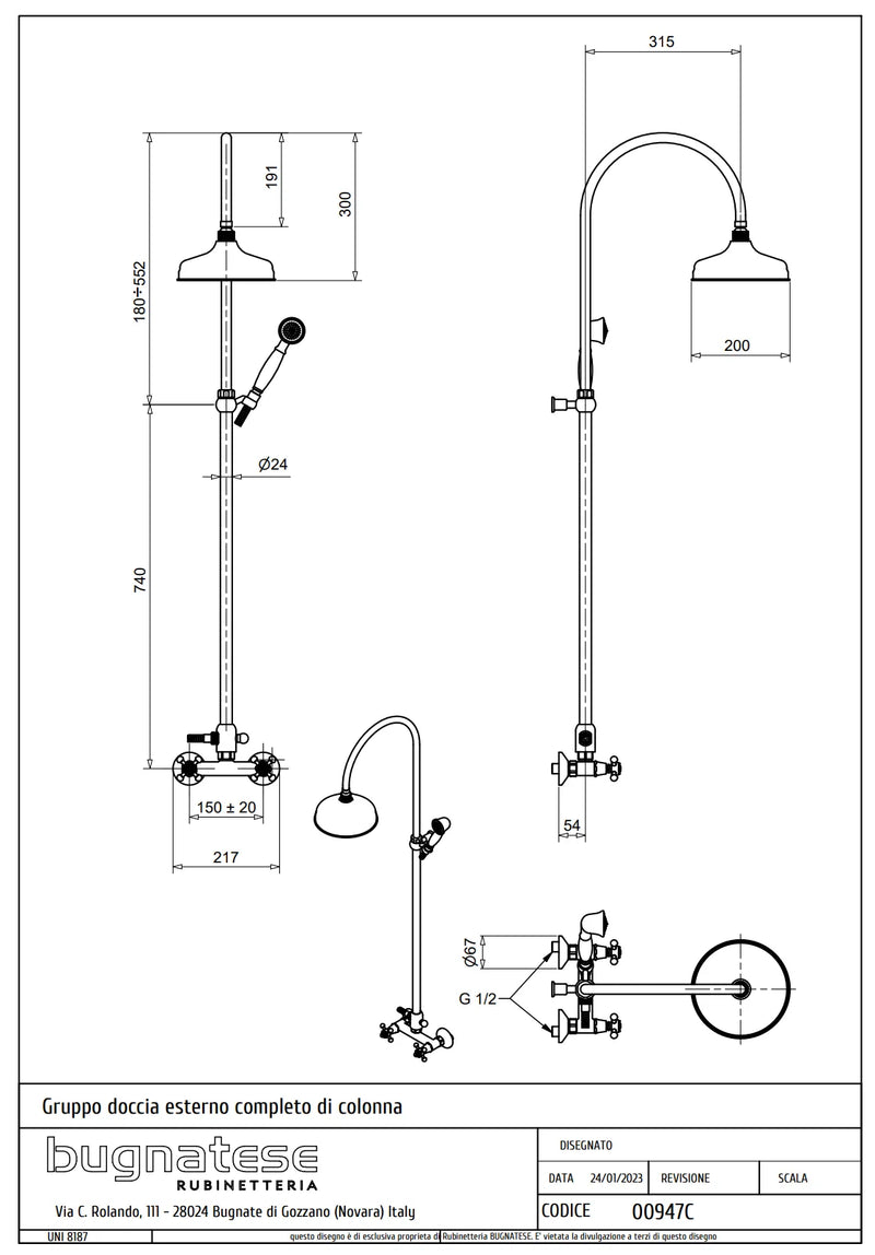 Technical Drawing for Bugnatese, Lady, Esőztető rendszer fej- és kézizuhannyal – Fürdő – 947C