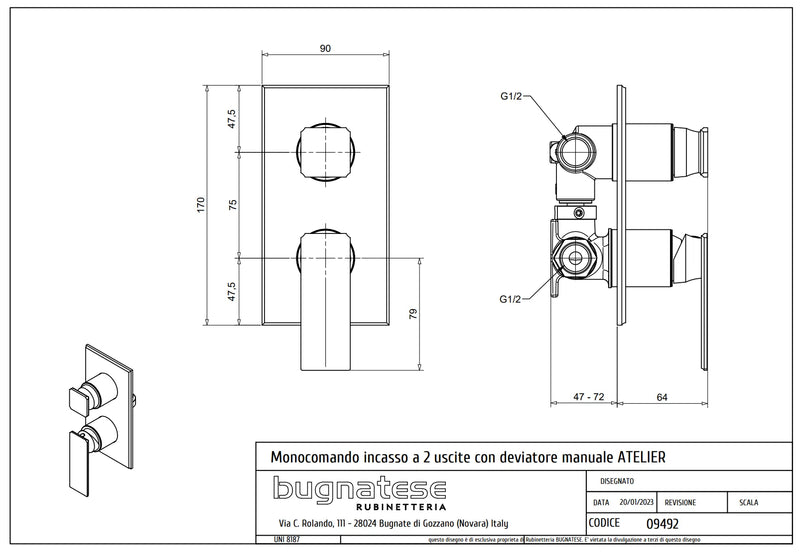 Technical Drawing for Bugnatese, Atelier ,  Fal alatti váltós zuhanycsaptelep – Fürdő – 9492