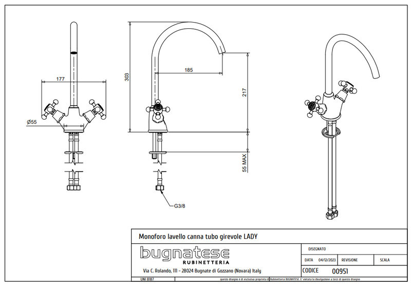 Technical Drawing for Bugnatese Lady, Klasszikus, Álló konyhai csaptelep leeresztővel – Konyha – 951