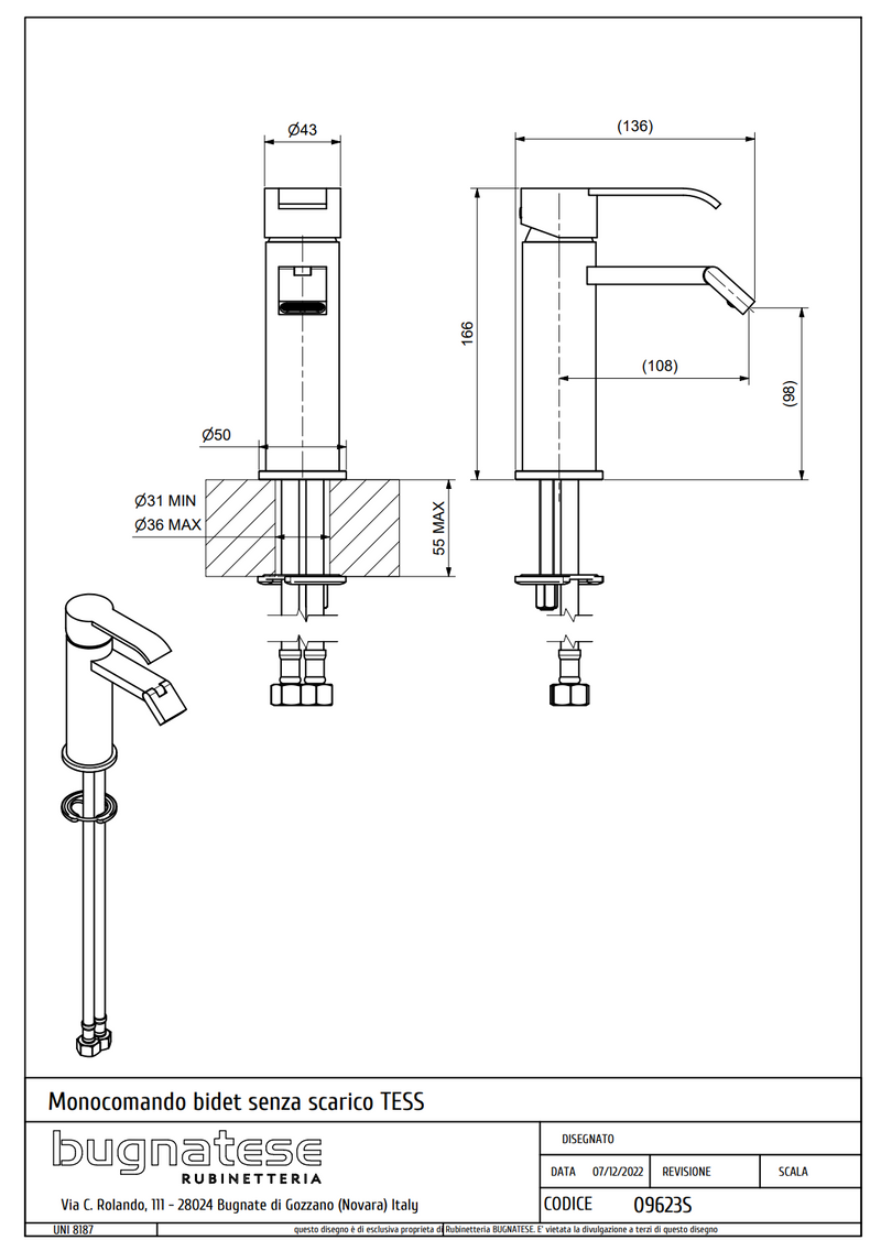 Technical Drawing for Bugnatese, Tess, bide csaptelep klikk-klakk leeresztővel- Fürdő – 9623SC