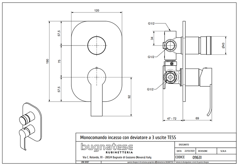 Technical Drawing for Bugnatese, Tess,  Fal alatti 3 állású zuhanycsaptelep - Fürdő - 9631